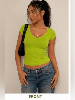 Grip Lime Green Ribbed V-Neck Stretch Knit Top L/XL Y2K